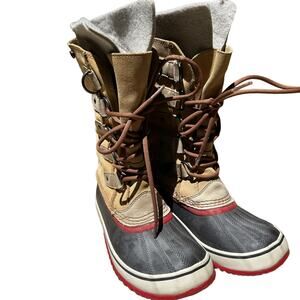 Sorel Joan of Arctic Leather Fur Snow Boots Waterproof Lace Up Mid Calf Brown 7
